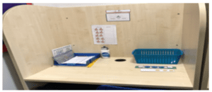 Image 1 shows a student's workstation with various learning materials.