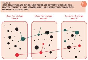 Figure 3 is titled "Ideas relate to each other. Now there are different colours for related concepts. Lines between circles represent the connection between those concepts.". It shows three boxes labelled "Ideas for biology Year 9", "Ideas for biology Year 10", and "Ideas for biology Year 11" with 17 black, green and red dots of various sizes. The green dots and the red dots are connected with lines across all three boxes. 