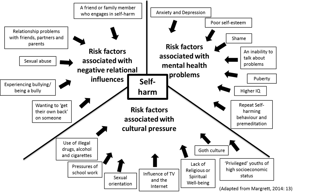 Figure 1 is showing the risk factors associated with self-harm. The risk factors are organised into three main areas: mental health, cultural pressure and negative relational influences. Further risk factors are associated with each of these three areas. The risk factors associated with mental health problems include anxiety and depression, poor self-esteem, shame, and inability to talk about problems, puberty, higher IQ and repeat self-harming behaviour. The risk factors associated with cultural pressure include use of illegal drugs, alcohol and cigarettes, pressures of school work, sexual orientation, influence of TV and the internet, lack of religious or spiritual wellbeing, goth culture, 'privileged' youths of high socioeconomic status. The risk factors associated with negative relational influences include a friend or family member who engages in self-harm, relationship problems with friends, partners and parents, sexual abuse, experiencing bullying/being a bully, wanting to 'get their own back' on someone.