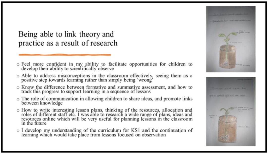 Figure 1 is an extract from a trainee's scholarship day presentation, and outlines six bullet points under the heading 'being able to link theory and practice as a result of research', explaining how this goal can be achieved.