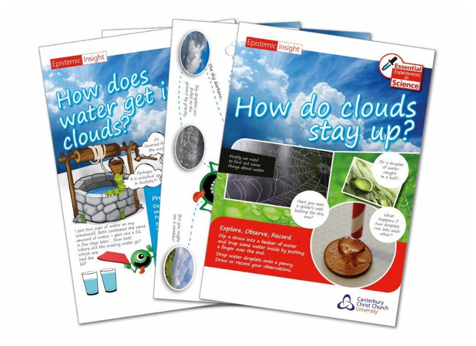 Figure 2 includes examples of Essential Experiences in Science ‘big question’ investigation cards. These cards ask questions such as 'how do clouds stay up?'