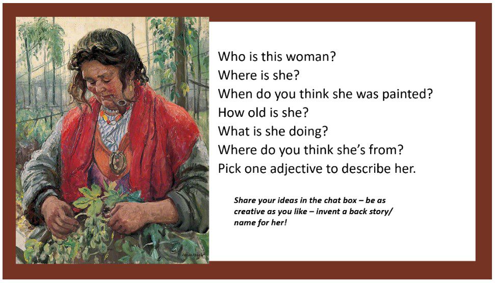 Figure 4 is an extract from a trainee's Collaborative Teaching Phase presentiation, that poses questions about an image of a woman, in order to promt creative responses.