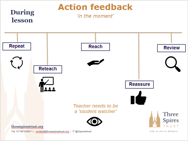 Figure 1 is a graphic titled 'Action feedback' and lists the steps Repeat, Reteach, Reach, Reassure and Review. 