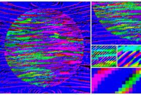 This features a distorted college of 5 images. The left image has a circle with a blue background and bright, neon grains throughout. The other 4 images feature various degrees of zoom of the circular image. The image has lots of patterns and bright colours.