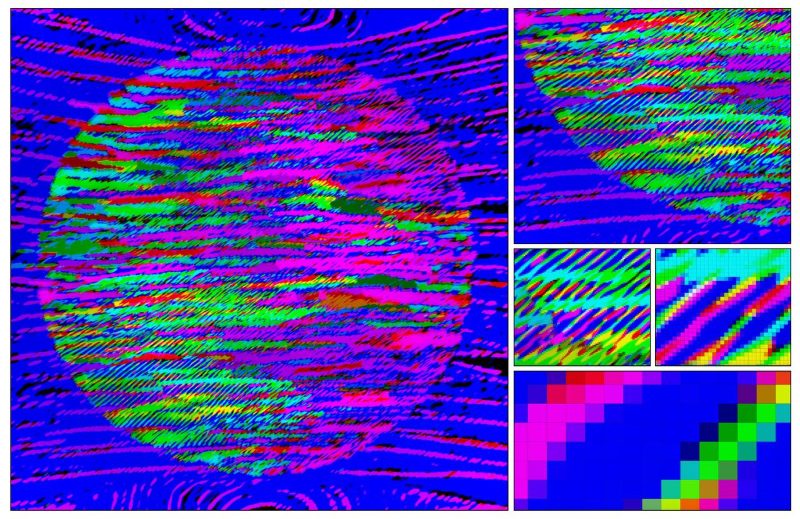 This features a distorted college of 5 images. The left image has a circle with a blue background and bright, neon grains throughout. The other 4 images feature various degrees of zoom of the circular image. The image has lots of patterns and bright colours.