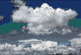 A mosaic-like image of clouds, made of server and data center components, symbolizing the hidden physical infrastructure of cloud computing.