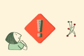 An person is illustrated in a warm, cartoon-like style in green. They are looking up thoughtfully from the bottom left at a large hazard symbol in the middle of the image. The Hazard symbol is a bright orange square tilted 45 degrees, with a black and white illustration of an exclamation mark in the middle where the exclamation mark shape is made up of tiny 1s and 0s like binary code. To the right-hand side of the image a small character made of lines and circles (like nodes and edges on a graph) is standing with its ‘arms’ and ‘legs’ stretched out, and two antenna sticking up. It faces off to the right-hand side of the image.