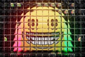 A photographic rendering of a smiling face emoji seen through a refractive glass grid, overlaid with a diagram of a neural network.