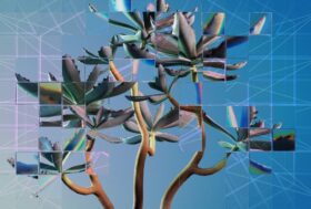 A photographic rendering of a succulent plant seen through a refractive glass grid, overlaid with a diagram of a neural network.