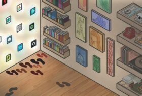 This image shows the corner of a room, with wooden floor with two walls - one is smaller than the other. On the left smaller wall, glowing app icons, with logos including Netflix, Spotify, OpenAI, and Alexa are arranged in a grid. Multiple sets of dark footprints converge toward these icons on the floor. The room’s right side features wooden shelves with various items: stacks of books, a vintage red rotary phone, vinyl records, and framed artwork. These objects are slightly shadowed and appear darker, but occupy the larger wall. On the floor’s bottom left corner, a few footprints veer off in the opposite direction to the other footsteps which were facing the glowing apps.