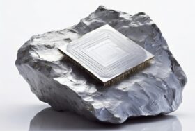 A shiny rock of silicon is on a plain white reflective surface, against a plain white background. Embedded in the rock is a rough shape of a silicon chip, which is made from the same rock of silicon.