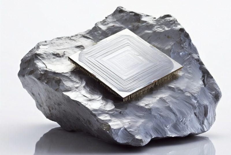 A shiny rock of silicon is on a plain white reflective surface, against a plain white background. Embedded in the rock is a rough shape of a silicon chip, which is made from the same rock of silicon.