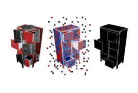 An illustration of three „pixelated“ cupboards next to each other with open drawers, the right one is black.