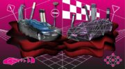 An illustration in intense colors in a gloomy mood showing a collage of two mirrored cars, street signs and mathematical symbols.