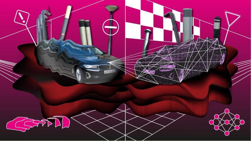 An illustration in intense colors in a gloomy mood showing a collage of two mirrored cars, street signs and mathematical symbols.