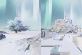 On the left, there is an image of a tree on a snowy, rocky landscape, with light shining in from the background. On the right, there is the same landscape, but it is now reproduced as grey and silver cubes in the shape of a tree and technical terrain, backgrounded by the light.