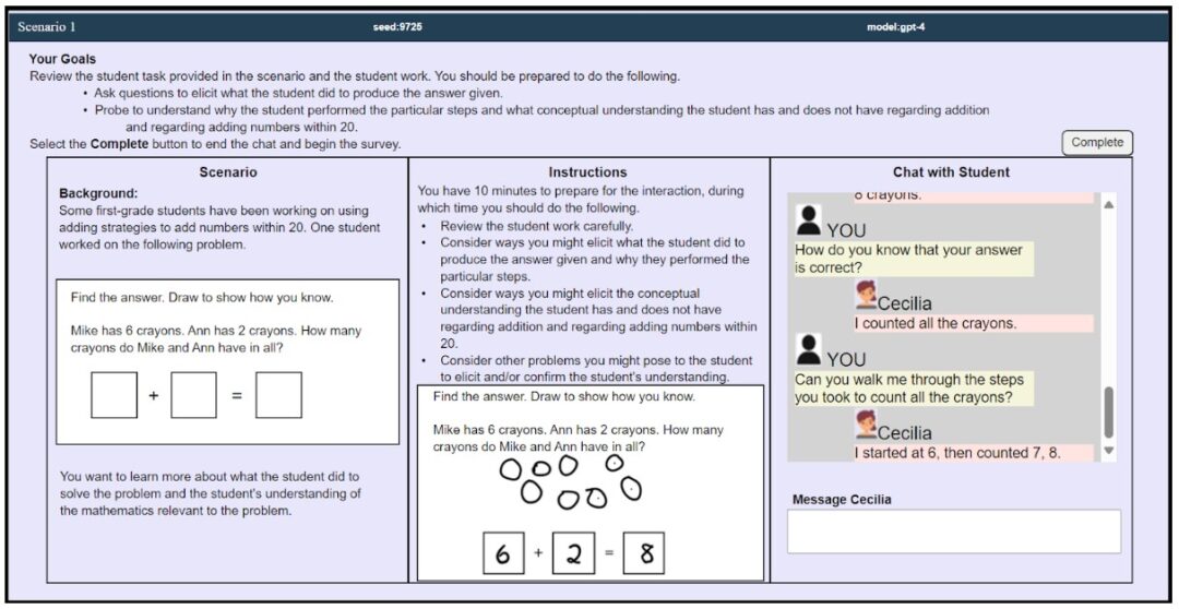 Figure 1 is a screenshot of the GenAI simulation interface for the eliciting student thinking task, including a description of the goals, the scenario, Instructions and the chatbox with the AI simulation.