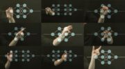 Nine small images with schematic representations of differently shaped neural networks, a human hand making a different gesture is placed behind each network.