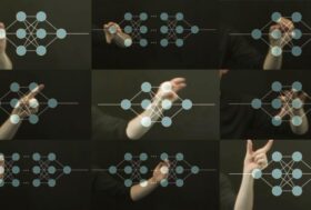 Nine small images with schematic representations of differently shaped neural networks, a human hand making a different gesture is placed behind each network.
