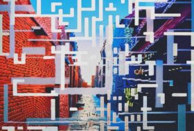 This image features 3 images of a street. Overlying the image are different shapes which are arranged to look like QR code symbols. These are in white/blue colours and intersect one another. The first image is clear, but the second is slightly more pixelated, and the final image is very pixelated.