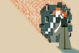 This image shows an individual with orange hair interacting with a large, abstract digital mirrored structure. The structure is composed of squares in varying shades of green, orange, white, and black which are pieced together to reflect the individual’s figure. The figure's hand is extended as if pointing to or interacting with the mirrored structure. Behind the structure are streams of binary code (0s and 1s) in orange, flowing towards the digital grid.