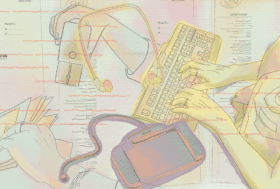 The image shows a superimposition of colourful illustrations representing different objects in a secretariat: in the background, printed minutes. Above, the hands of a medical secretary typing on her keyboard, the hands of another stamping envelopes. The headset and foot pedal in the foreground are essential tools for typing. In the foreground, the red zig-zags typical of ambient scribe errors streak across the image.