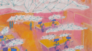 A pink and yellow abstract image of an office with people working, chatting and walking around. Above their heads are clouds of network connections. It was painted with guache and drawn with pencils.