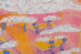 A pink and yellow abstract image of an office with people working, chatting and walking around. Above their heads are clouds of network connections. It was painted with guache and drawn with pencils.