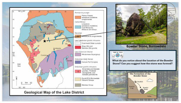 Figure 1 is a geological map of the Lake District, highlighting the Bowder Stone.